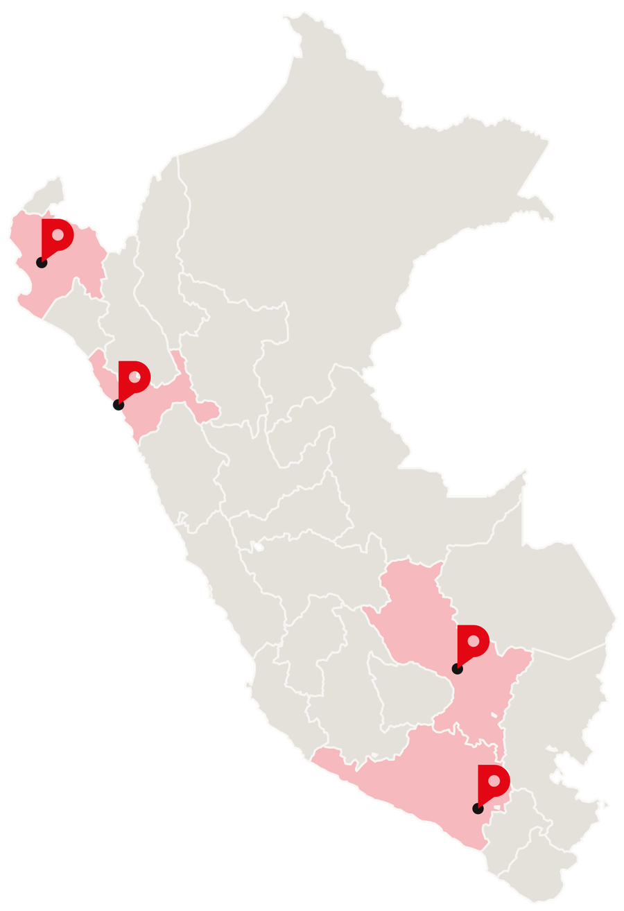 Mapa del Perú con Piura, La Libertad, Cusco y Arequipa resaltados